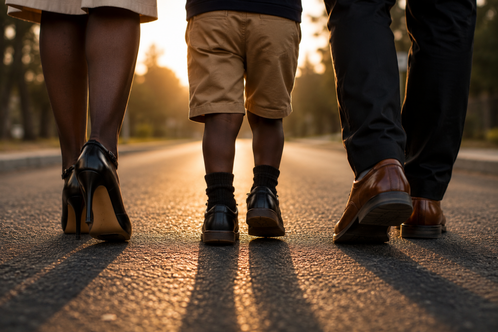 a woman, child and man walking together on road at sunset, their shoes and lower legs