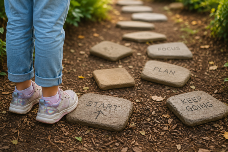Child standing at the start of a stepping-stone path representing executive functioning skills such as planning, focus and getting started.