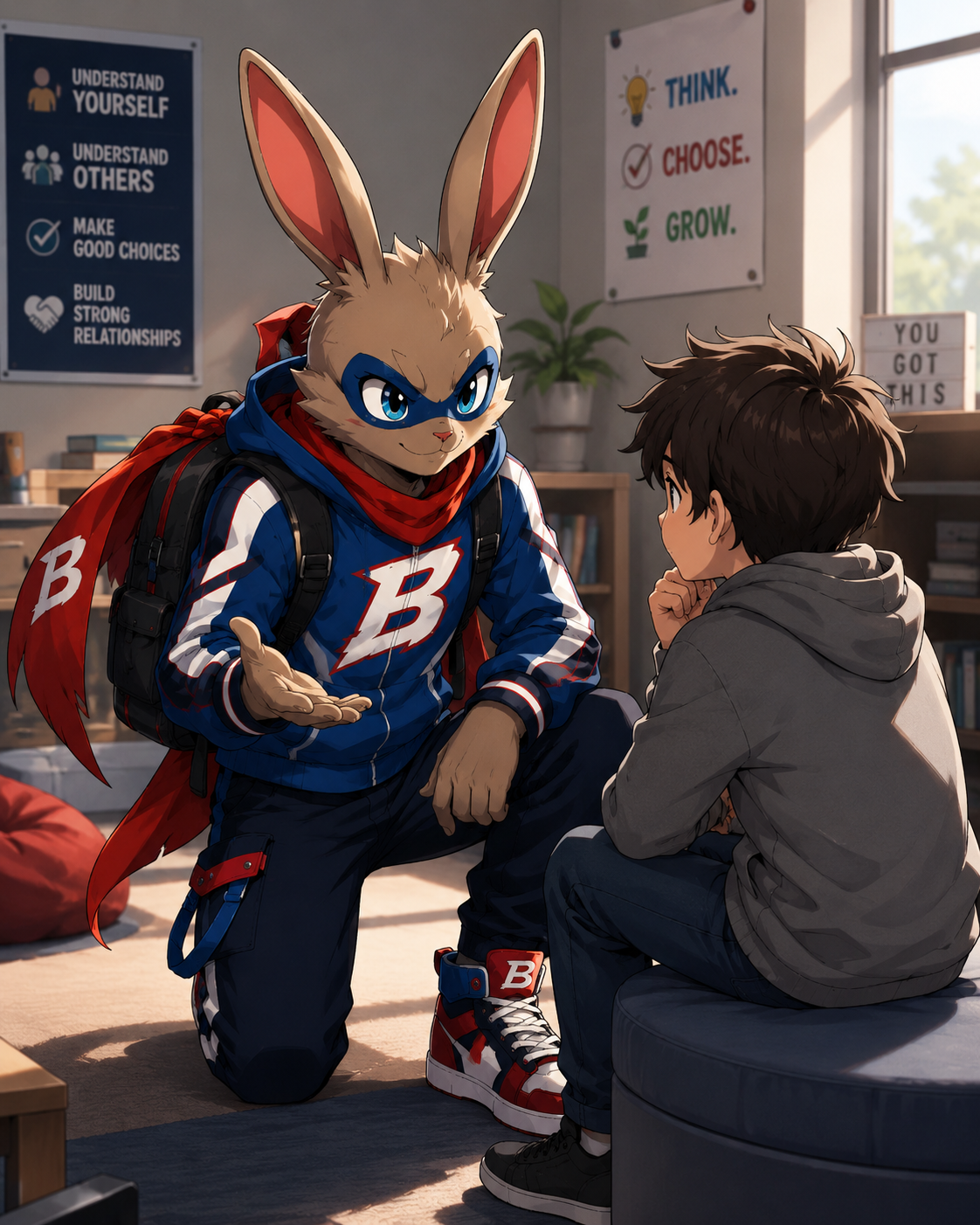 A child sitting with Super B, the Learn 2 Be Social character, during a supportive social learning conversation.